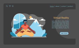 Virtual Reality concept. A serene figure in meditation harnesses VR to explore tranquil mountain scenes vector