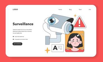 Eye-catching surveillance camera closely monitors a woman's digital profile, emphasizing the unsettling nature of invasive technologies and personal data breaches. Flat vector illustration