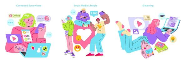 Digital Lifestyle and Learning set. Illustrating modern connectivity, social media interactions, and online education engagement. Embracing virtual life and learning. Vector illustration