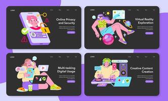 Digital Proficiency Series set. Dynamic visuals of online privacy, VR adventures, multitasking with tech, and creative content generation. Celebrating digital fluency. Vector illustration