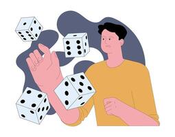 Fear of unpredictability. Apprehensive scared man throwing dice, signifying vector