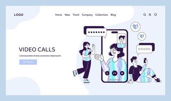 caracteres interactuando vía vídeo charlar, desplegado junto a un teléfono inteligente pantalla demostración un grupo llamada vector