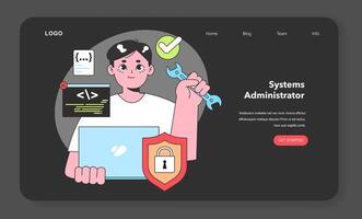 A Systems Administrator expertly manages and troubleshoots network systems, ensuring secure and efficient IT operations with a trusty wrench in hand. vector