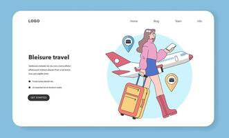 Bleisure travel web banner or landing page set. Business and sightseeing vector