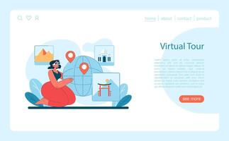 Virtual Tour concept. Woman navigates global landmarks from pyramids to palaces vector