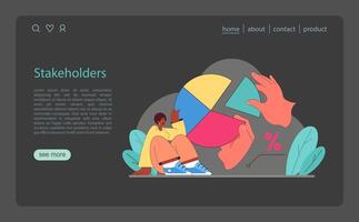 Stakeholders concept. A solitary figure contemplates a colorful pie chart vector