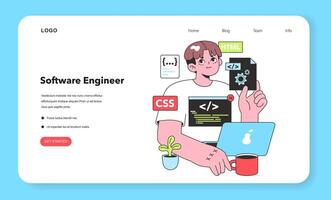 A skilled Software Engineer displays tools of the trade with confidence, surrounded by icons of HTML and CSS, representing the modern crafts of web development. vector