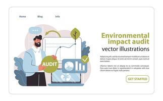 Environmental audit process illustration. Expert conducting a thorough review of eco-impact data. vector