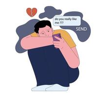 Fear of being unloved. Insecure and sad young man texting to his lover. vector