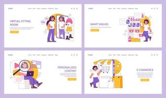 Al por menor innovación colocar. virtual adecuado, inteligente estantes, personalizado contenido, y comercio electrónico integración. Al por menor tecnología para un mejorado compras experiencia. vector ilustración