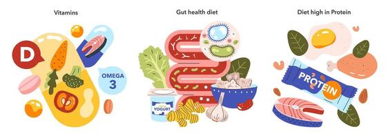 nutricional esenciales colocar. vector ilustración de dietético opciones