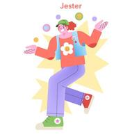 Jester Archetype illustration. A playful character juggling balls, embodying humor and joy. Colorful and lively vector portrayal.