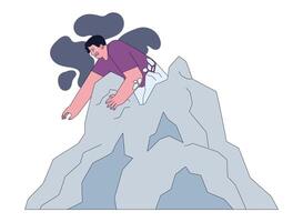 Fear of stagnation. Young scared or terrified man stuck in a rock. Character vector