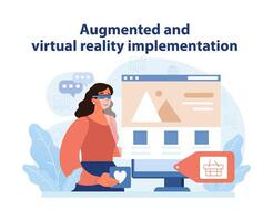 Augmented and Virtual Reality Use. A user interacts with a computer interface using AR glasses. vector