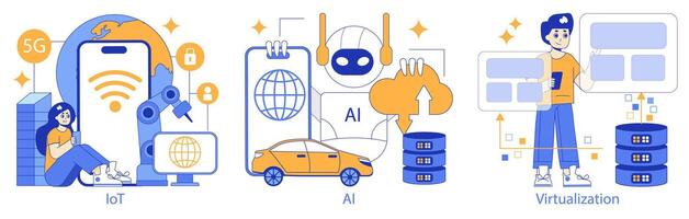 Hyperconnectivity set. Showcasing IoT, AI advancements, and virtualization technology. Seamless connectivity in the digital age. Vector illustration