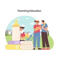 Nurturing next generations. Essence of parenting education with family nurturing their child. Basic knowledge of how to be parent. Striving to be good role model for kids. Flat vector illustration