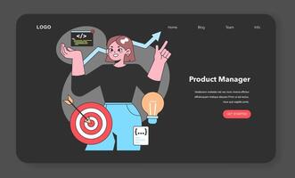 A Product Manager orchestrates the product life cycle with precision, symbolized by a target and upward trends, embodying strategic vision in tech development. vector