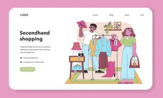 Thrifty shopping delight. Joyful shoppers browse through a colorful selection of secondhand clothing, finding unique pieces and vintage gems. Sustainable style adventure. Vector illustration.