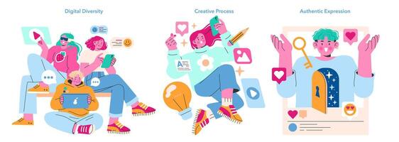 Social Media Engagement set. Colorful scenes depicting digital diversity, the creative process, and authentic expression online. Celebrating creativity in the virtual space. Vector illustration