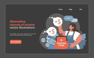 ingresos diversificación concepto. mujer explora agregando múltiple ingresos corrientes a mejorar pensión fondo. vector