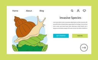 Invasive species threat web banner or landing page. Snail as nonnative vector