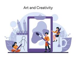 Artists and creators bring ideas to life with vibrant imagination, surrounded by tools of their craft vector