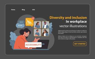 Focused woman at computer emphasizing accessibility. Flat vector illustration