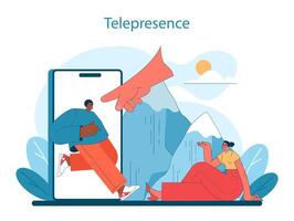 telepresencia en virtual turismo. hombre interactúa con un gigante teléfono inteligente vector