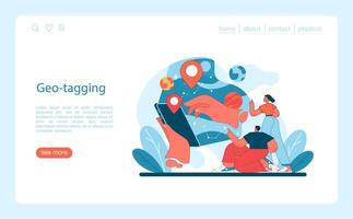 geoetiquetado en virtual turismo. exploradores utilizar un tableta a alfiler ubicación vector