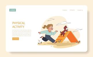 Physical Activity web or landing. Joyful child and dog engage in playful vector