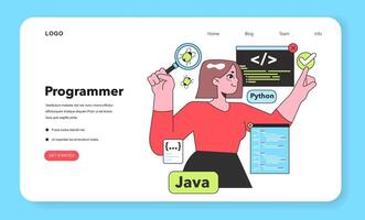 A Programmer deftly examines code for bugs, a metaphor for the meticulous nature of software development, with Python and Java highlighting her versatile skill set vector
