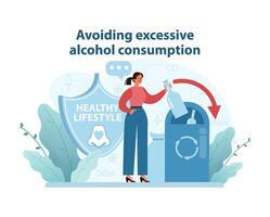 alcohol moderación ilustración. un mujer descartes un botella dentro un reciclaje compartimiento. vector