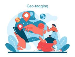 Geo-tagging in Virtual Tourism. Explorers use a tablet to pin location vector