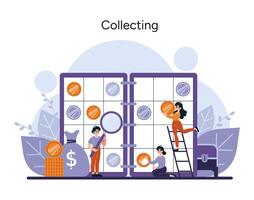 Animated collectors curate coins into an album vector