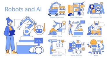 Robots and AI set. Vector illustration.