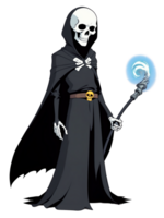 ai generato cartone animato stile carattere, scheletrico stregone Tenere un' magico personale nel un' buio mantello con raggiante blu globo, trasparente sfondo png