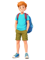 AI generated Cartoon style character, Young cheerful boy with reddish-brown hair, with a backpack standing confidently, against transparent background png