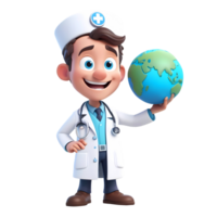 AI generated 3d rendering doctor cartoon character holding planet earth png