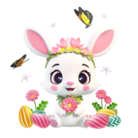 ai generato 3d interpretazione carino coniglietto con Pasqua uova, fiori e farfalle png