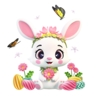 AI generated 3d rendering cute bunny with Easter eggs, flowers and butterflies png