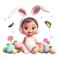 ai généré 3d le rendu mignonne peu enfant portant lapin oreilles avec Pâques des œufs et papillons png