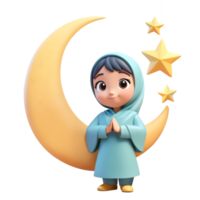 ai generato 3d interpretazione cartone animato ragazza personaggio con d'oro mezzaluna Luna e sospeso stelle png