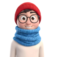 AI generated 3d rendering cartoon man wearing glasses, blue scarf and red winter hat png