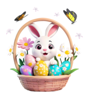 ai generado 3d representación conejito en cesta con Pascua de Resurrección huevos y mariposas png