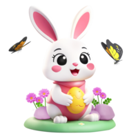 ai généré 3d le rendu mignonne lapin en portant Pâques Oeuf avec fleurs et papillons png