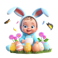 ai generato 3d interpretazione carino poco bambino indossare coniglietto orecchie con Pasqua uova e farfalle png