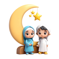 AI generated 3d rendering cartoon little girl and boy with golden crescent moon png