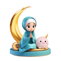 ai généré 3d le rendu dessin animé fille personnage avec d'or croissant lune png