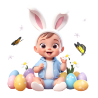 AI generated 3d rendering cute little child wearing bunny ears with Easter eggs and butterflies png