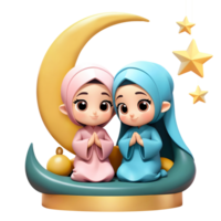 AI generated 3d rendering cartoon girls with golden crescent moon and hanging stars png